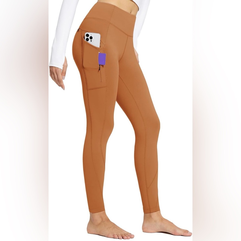 Fleece Lined Caramel Brown Leggings with Pockets, Size Medium